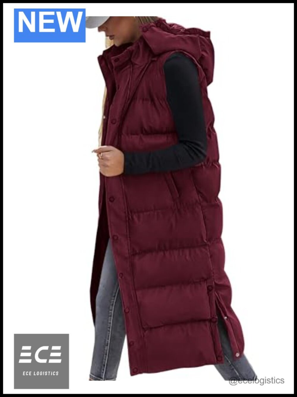 Women's Long Quilted Puffer Vest Hooded Winter Coat Sleeveless